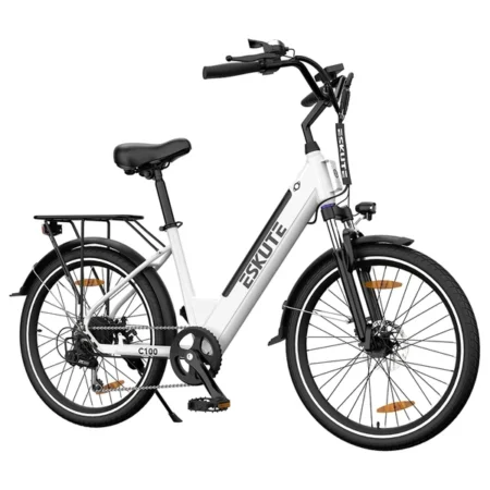 ESKUTE C100 Electric Bike, 250W Motor, 36V 10.4Ah Battery, 26*1.75' Tires, 25km/h Max Speed, 50-60km Range, Mechanical Disc Brakes, SHIMANO 7 Speed - White