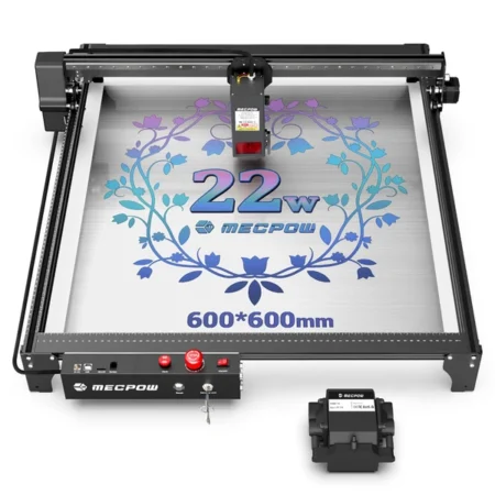 Refurbished Mecpow X5 22W Laser Engraver Cutter, Auto Air Assist Kit, 0.08x0.1mm Laser Spot, 28000mm/min Engraving Speed, Safety Lock, Emergency Stop, Flame Detection, Offline Engraving, 600x600mm