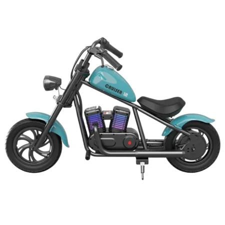 HYPER GOGO Cruiser 12 Plus Electric Motorcycle for Kids 24V 5.2Ah Battery 160W Motor 16km/h Speed 12" x 3" Tires, 12km Max Range with Odometer, Ambient Lights, Simulated Smoke, Bluetooth Speaker - Blue