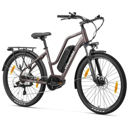 Touroll MA2 Electric Bike, 250W Mid-Drive Motor, 36V 13Ah Battery, 27.5” Tires, 25km/h Max Speed, 100km Max Range, Hydraulic Disc Brake, Suspension Fork with Lockout, Shimano 7-speed - Brown